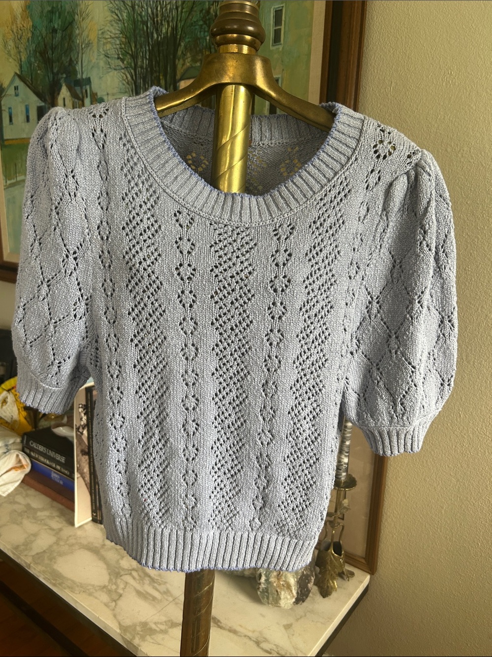 Free People Eloise Light Blue Openwork Knit Short-Sleeve Sweater